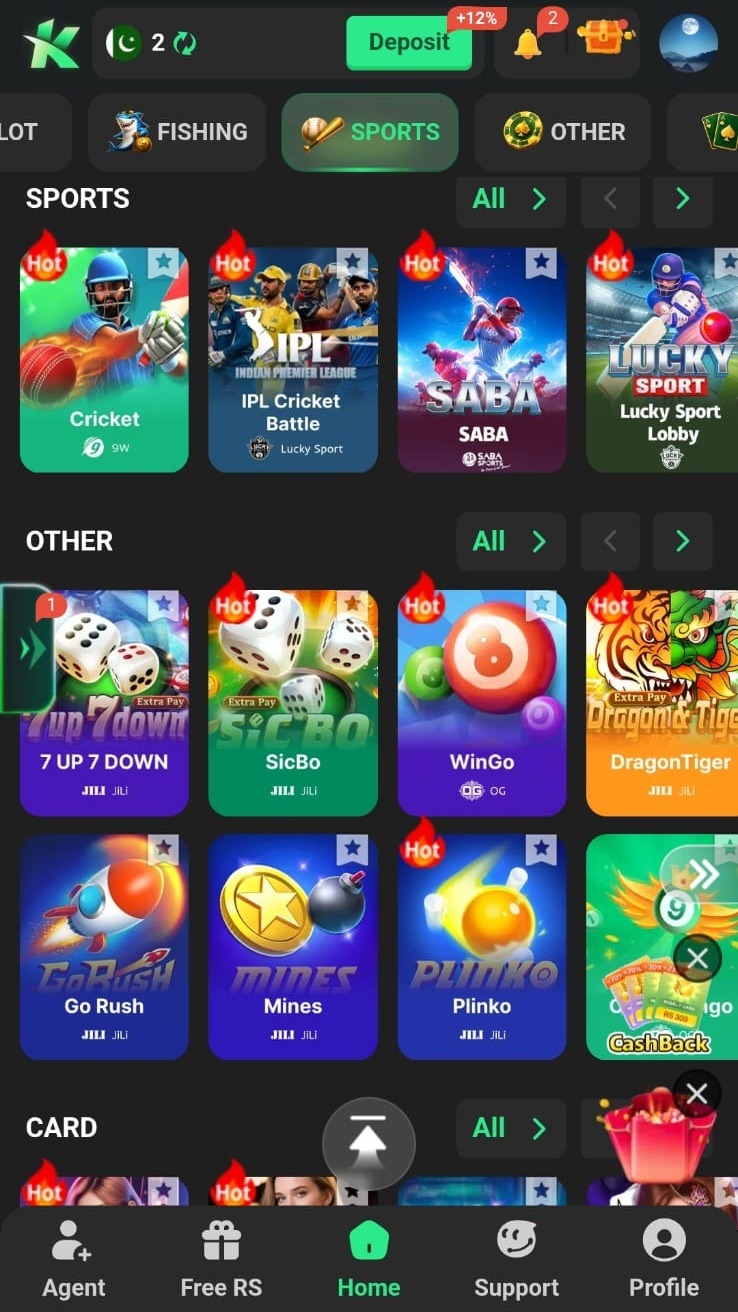 K1 app home screen with slots, live games and bonuses